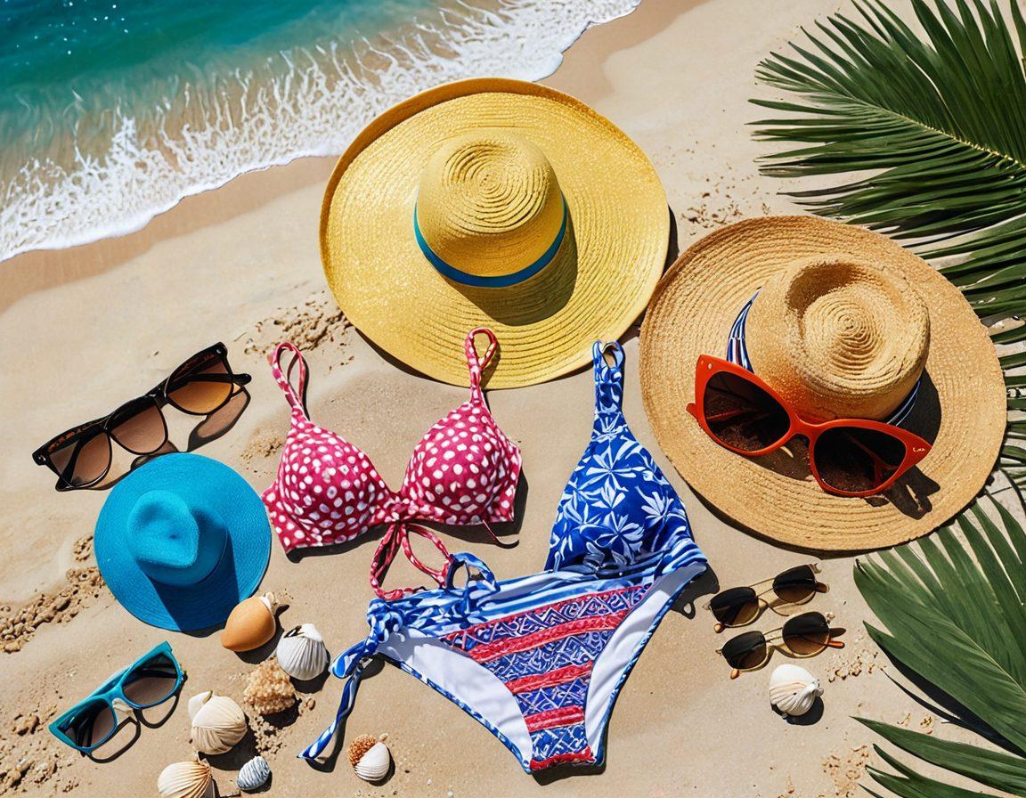 A vibrant summer scene featuring an array of stylish bikinis displayed on a sandy beach, surrounded by sun-kissed seashells and tropical plants. Include a sun hat and sunglasses artfully arranged beside the bikinis, capturing the essence of summer fashion. The background should showcase a crystal-clear ocean with a bright blue sky. Highlight the chic and trendy aspect of the bikinis through playful patterns and colors. colorful photography. vibrant colors. sunny beach setting.